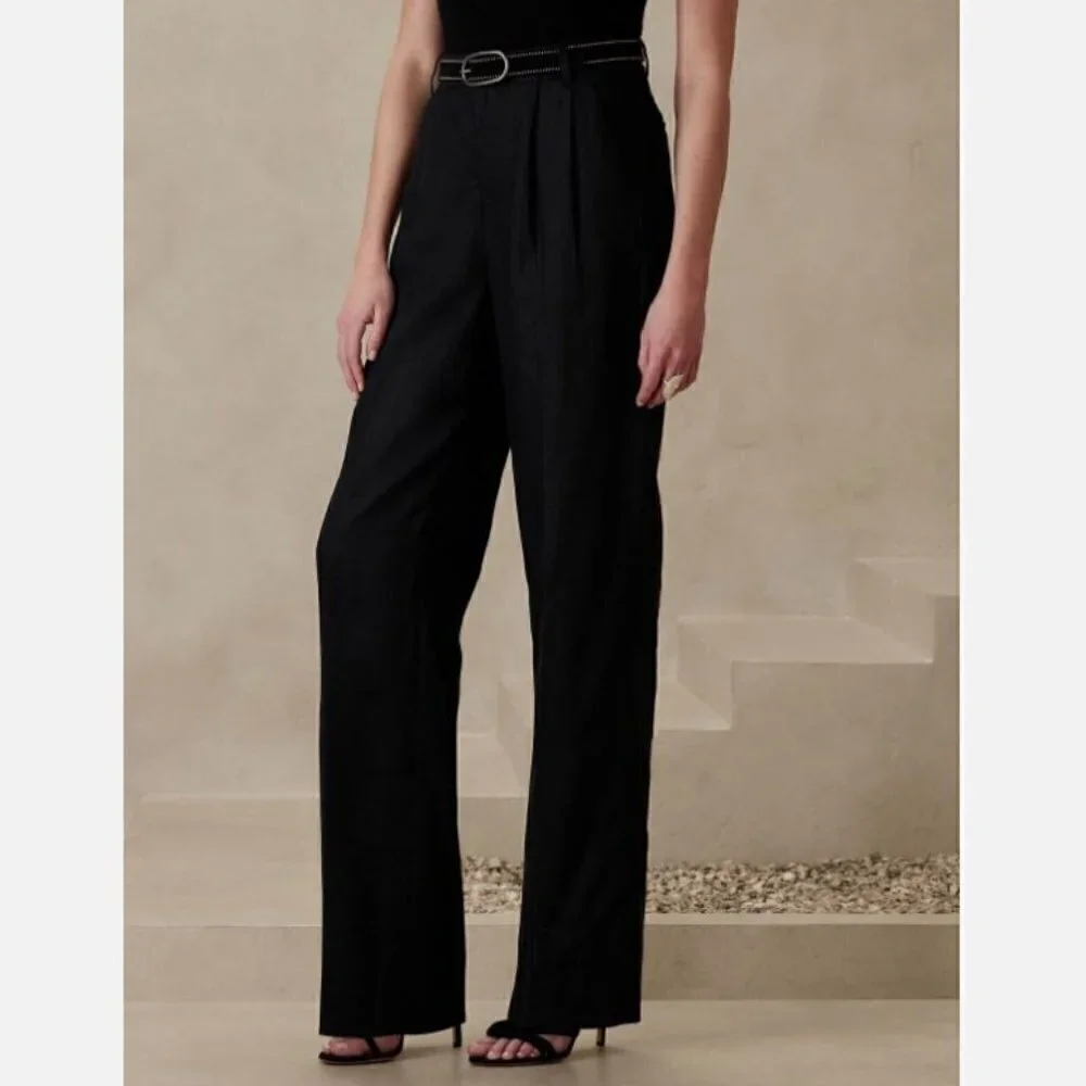 Banana Republic High-Rise Palma Straight 100% Linen Size 14 Black Pants RT$130